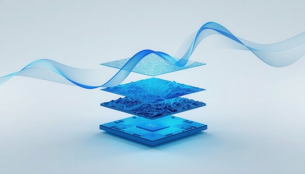 Abstract digital data visualization with stacked layered structures and flowing energy wave visualization abstract technology information connectivity structure analytics background geometric