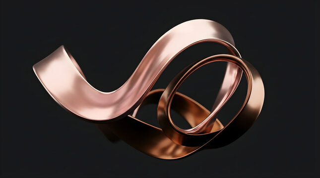 Abstract 3d render of a flowing metallic copper ribbon shape on a dark background