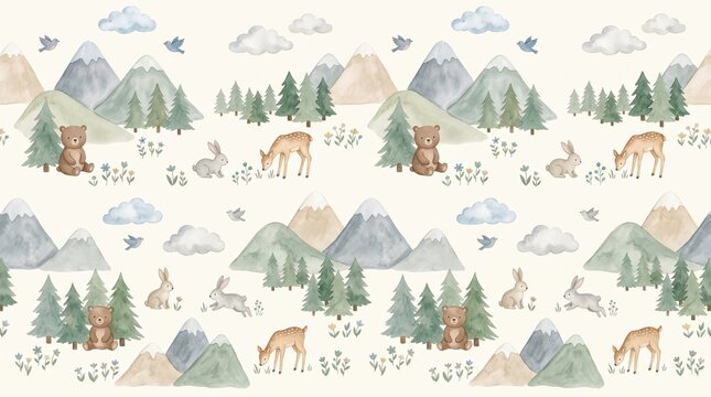 Seamless watercolor mountain woodland pattern with bear, deer, rabbits, pine trees, clouds and birds on white background, cute forest nursery fabric and wallpaper design artwork
