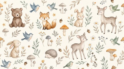 Obraz premium Seamless watercolor woodland animal pattern with bear, fox, rabbit, deer, hedgehog, birds, mushrooms and leaves on white background, cute forest nursery fabric design