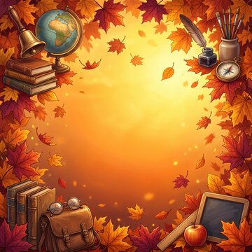Decorative autumn maple leaves frame surrounding vintage school bell, books and globe illustration, representing education, back to school season and seasonal academic celebration design.