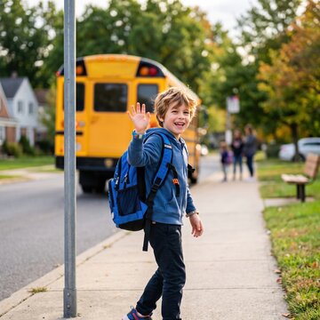 Cheerful young boy carrying backpack and waving happily near yellow bus on sidewalk, representing education, back to school season, transportation and childhood daily morning routine.