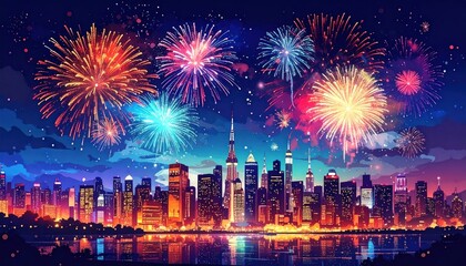Naklejka premium Fireworks display over city skyline at night.
