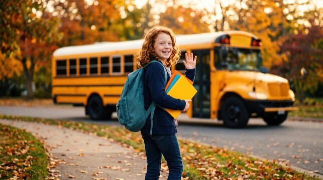 Cheerful schoolgirl carrying backpack and books waving near yellow bus on autumn morning, representing education, back to school season, transportation and childhood daily routine.