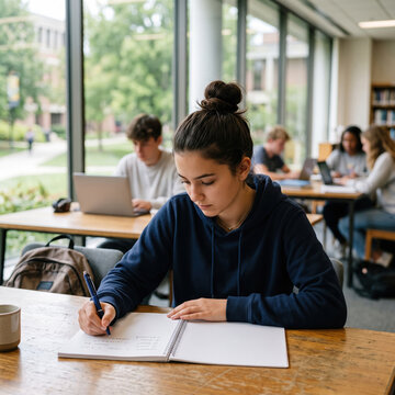 Focused female student writing notes in notebook at library table with classmates studying nearby, representing education, learning, university life and academic study concentration.