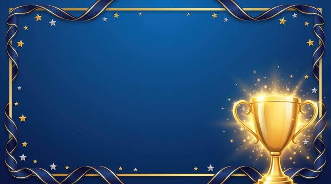 Sparkling golden trophy displayed on elegant blue background with ornate star border, representing achievement, success, victory, award ceremony and championship celebration concept design.