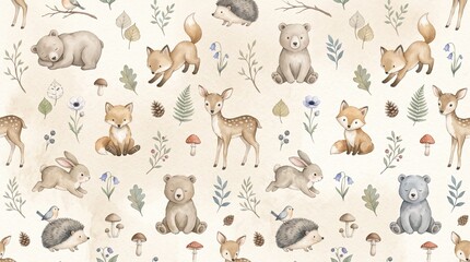 Naklejka premium Seamless cute safari animal pattern with elephant, lion, giraffe, bunny, bear, fox, deer and botanical trees, neutral woodland nursery design for kids