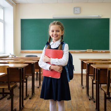 Cheerful schoolgirl with braids holding red book and wearing backpack in classroom with chalkboard, representing education, back to school season, learning and childhood classroom excitement.