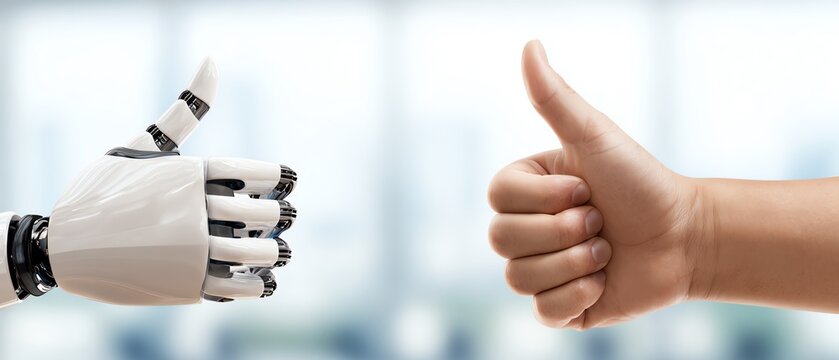 Human and robot thumbs up gesture.