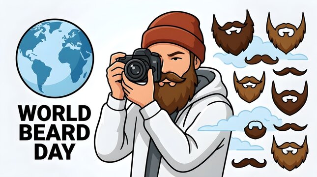 World Beard Day Illustration with Photographer and Various Beard Styles
