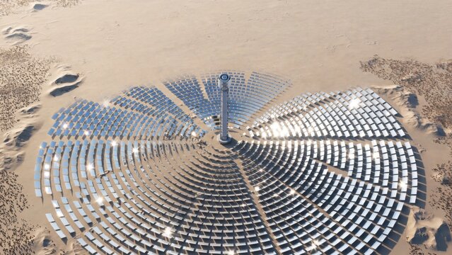 Aerial View of a Concentrated Solar Power Plant in a Desert Landscape.