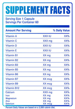 Dietary supplement nutrition information label design layout vector illustration for medical health packaging container box label template