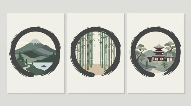 Japanese landscape trio featuring mount fuji bamboo forest and traditional pagoda temple inside circular brush strokes as modern vector illustration
