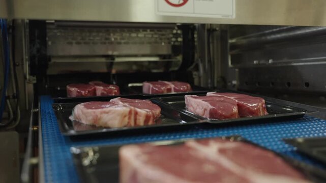 Fresh raw steaks on black trays travel along a belt into an automated packaging machine in a modern meat facility.