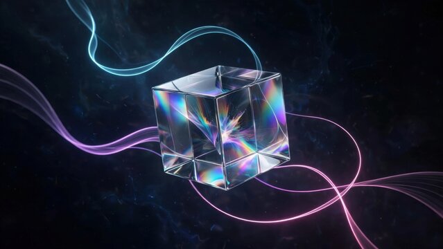 Abstract Crystal Cube with Colorful Light Trails.
