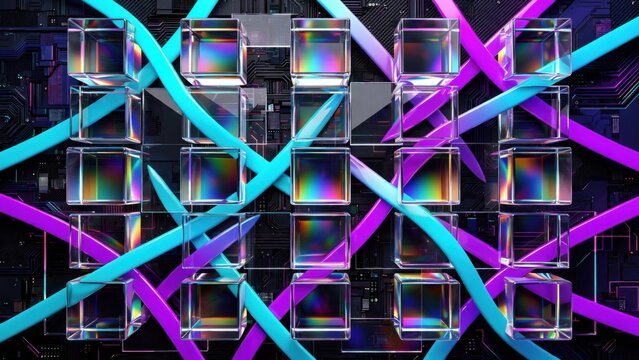Abstract Network of Glowing Cubes and Intertwined Tubes.