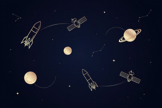 A dark blue space background, featuring golden line, of rockets, satellites, planets with rings, and stars in, a cosmic setting
