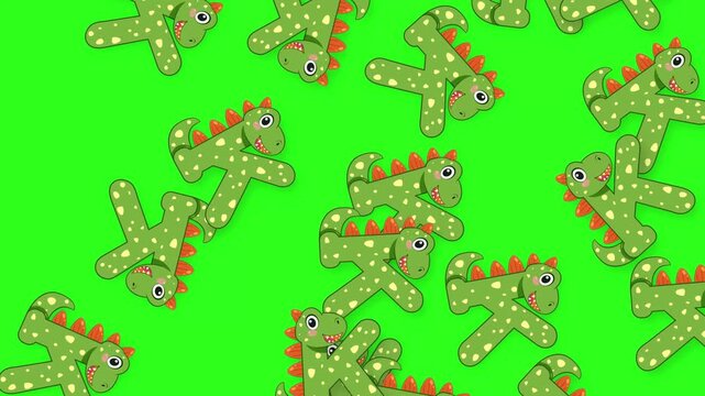 Cartoon Dinosaur Letter K Objects Falling on Green Screen Background