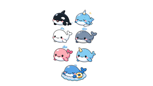 kawaii whale, cute narwhal, whale sticker set, sea life illustration, ocean animal vector, cute orca, killer whale vector, whale shark, cute marine life, sticker collection, die cut stickers, planner 
