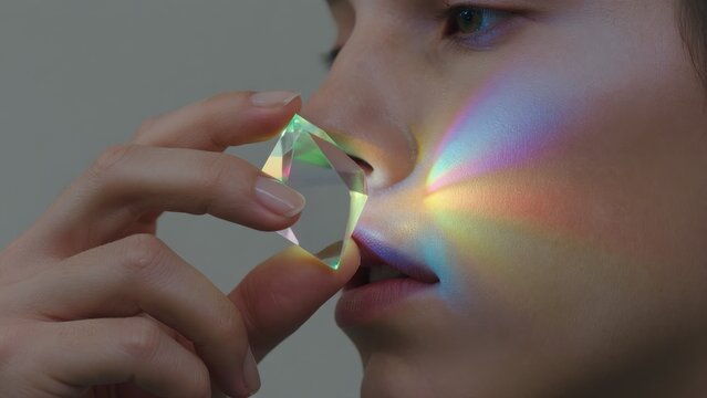 Portrait of Person Holding Prism Creating Rainbow Reflection on Face