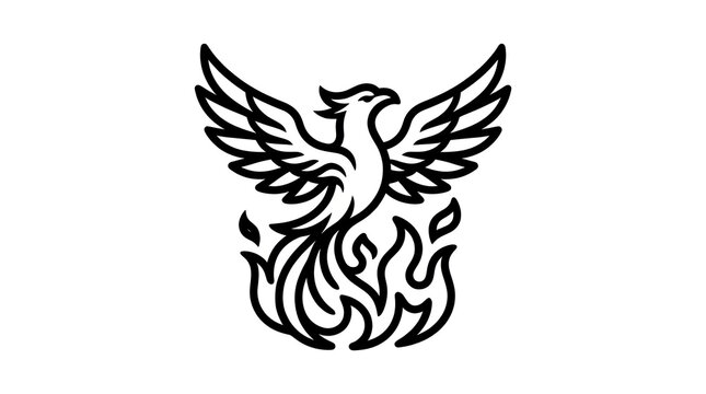 Phoenix Bird Rising From Flames Line Art Symbol.