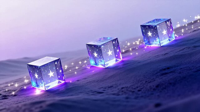 Three glowing star cubes on sand