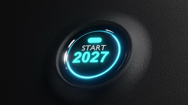 Finger about to press a car ignition button with the text 2027 start.happy new year 2027 start new project.concept of start with strategy,win,plan,goal and objective target
