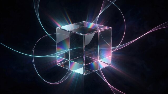Abstract Crystal Cube with Light Refractions and Swirling Energy.