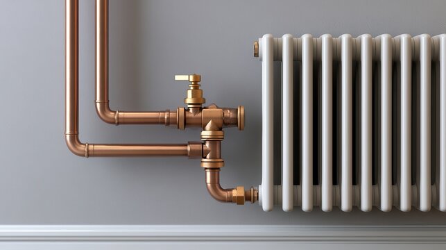 Modern radiator connected to copper water pipes on a grey wall. Central heating system and plumbing concept.