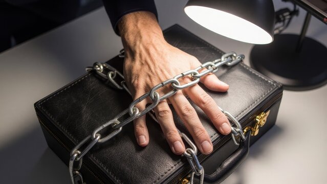 Hand on Locked Briefcase Covered in Chains Under Desk Lamp Light