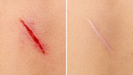 Fototapeta premium Skin incision and healing scar comparison shows red cut transitioning into smooth white tissue mark.