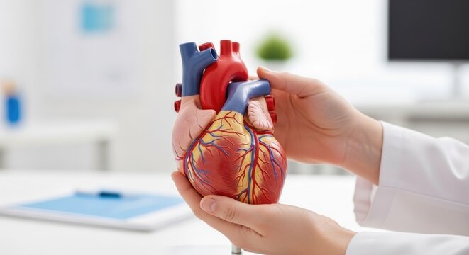 Medical professional examines a detailed human heart model, symbolizing cardiology, cardiovascular health, disease prevention, and treatment strategies in healthcare settings