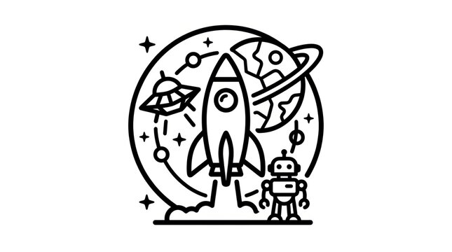 Space exploration concept with rocket robot UFO and planets in outline style.