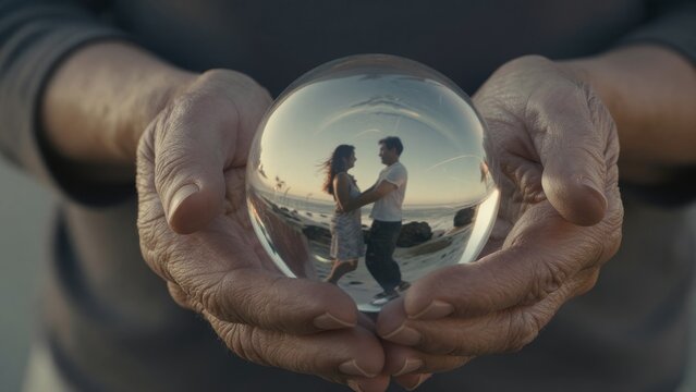 Couple Embracing in Glass Sphere at Beach with Scenic Reflection