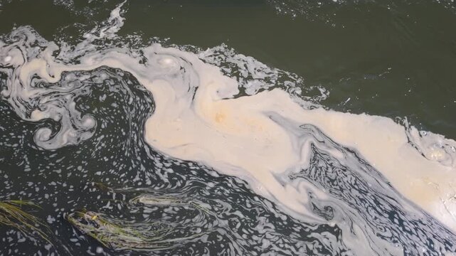 Abstract dark water surface with swirling white foam and soft oily patterns, creating a natural texture background