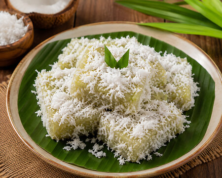 Soft and delicious Indonesian sticky rice cake, sprinkled with fresh grated coconut, and served on a banana leaf for an authentic culinary presentation, is a traditional sweet snack from Southeast Asi