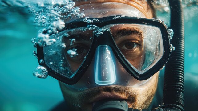 Male scuba diver underwater close-up with bubbles and mask