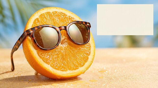 A cool orange in sunglasses on a sun-drenched beach, inspiring faith and sacred joy for advertising campaigns.
