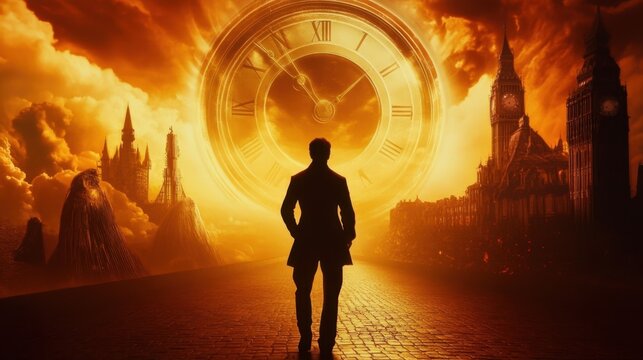 Silhouette of a man facing mystical clock in dramatic fantasy landscape