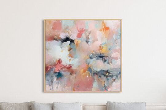 Abstract painting on a white wall in a living room, featuring soft pastel tones and artistic brushstrokes, adding modern decor