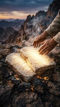 Sacred decree emergence: divine commandment, stone tablet, Mount Sinai, ancient script, holy covenant, spiritual revelation, biblical moment, human hand, desert landscape.