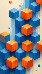 Naklejka premium Abstract pixelated cubes forming a textured pattern in blue orange and white over cream background