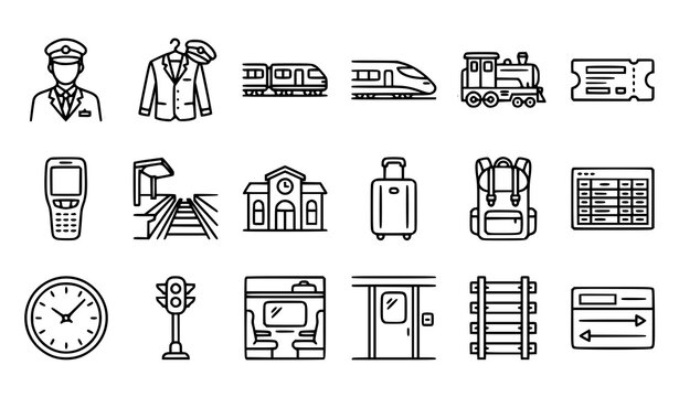 Railway Travel Train Transportation and Conductor Editable Line Icons