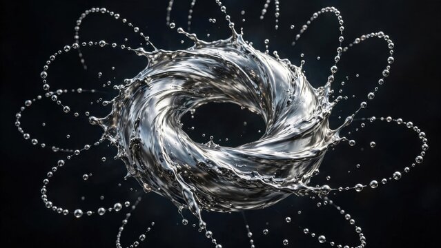 Abstract Swirling Water Vortex with Droplets in Flower Pattern.