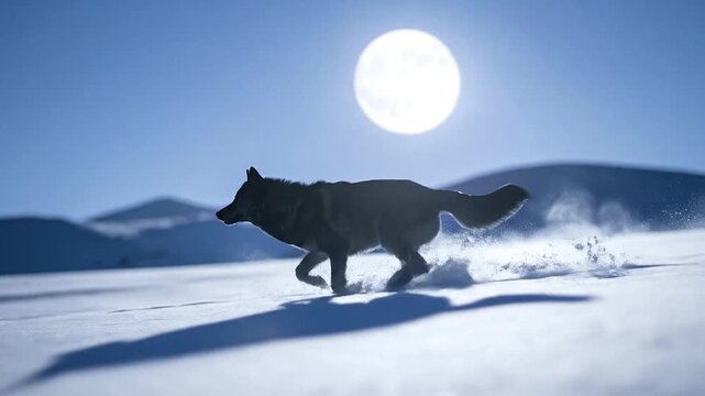 Wolf running across snowy landscape under a full moon.