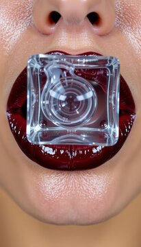 Close up of glossy burgundy lips holding a clear ice cube over metallic silver background