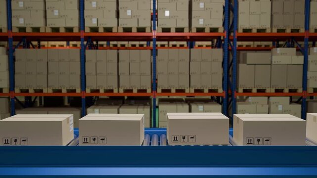 Smart warehouse management system concept.Cardboard boxes on conveyor rollers ready to be shipped by courier for distribution in warehouse.Huge distribution warehouse with high shelves and loaders.
