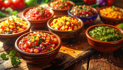 Fototapeta premium Variety of salsa in bowls on table.