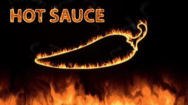 Burning Chili Pepper Outline and Hot Sauce Text with Ground Fire