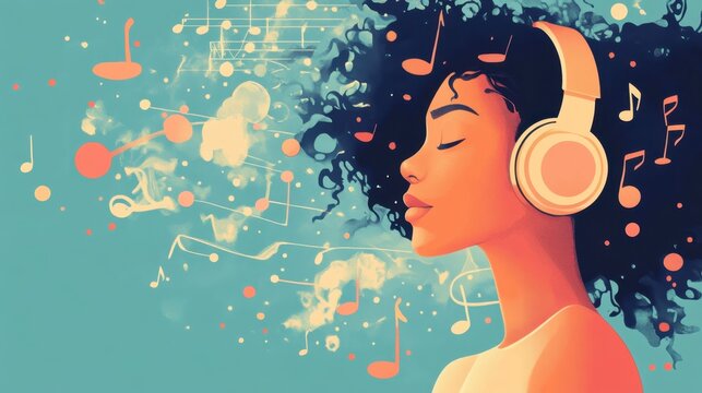 Young african female listening to music with headphones and musical notes